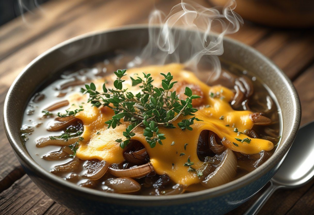 Final Easy French Onion Soup Foolproof Recipe in Minutes – rich caramelized onions, melted Gruyère cheese, fresh thyme garnish, rustic cozy presentation.