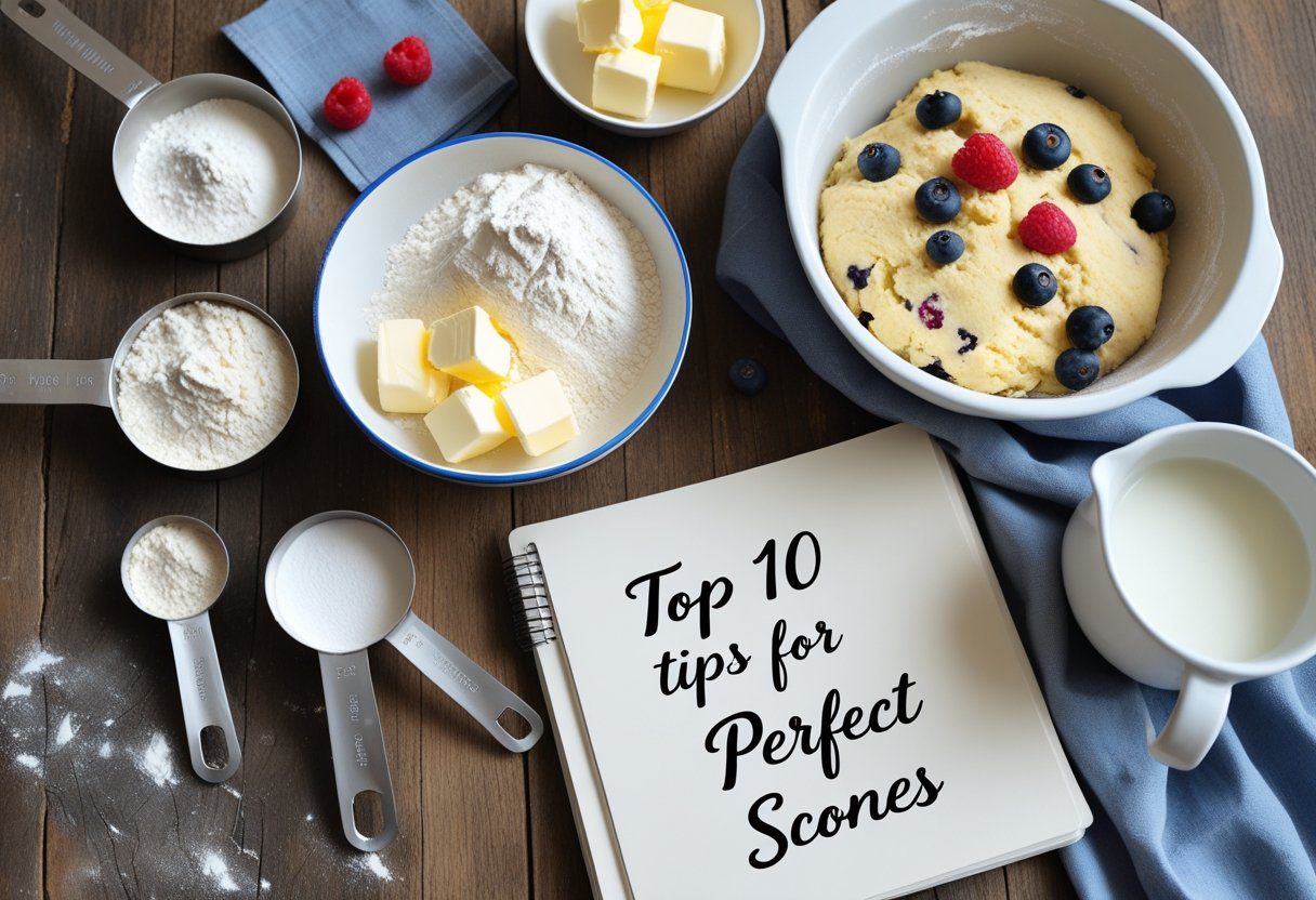Flat lay of ingredients and tools for perfect fruit scones baking tips, showing flour, cold butter, milk, and dough with dried fruit for soft and tall scones