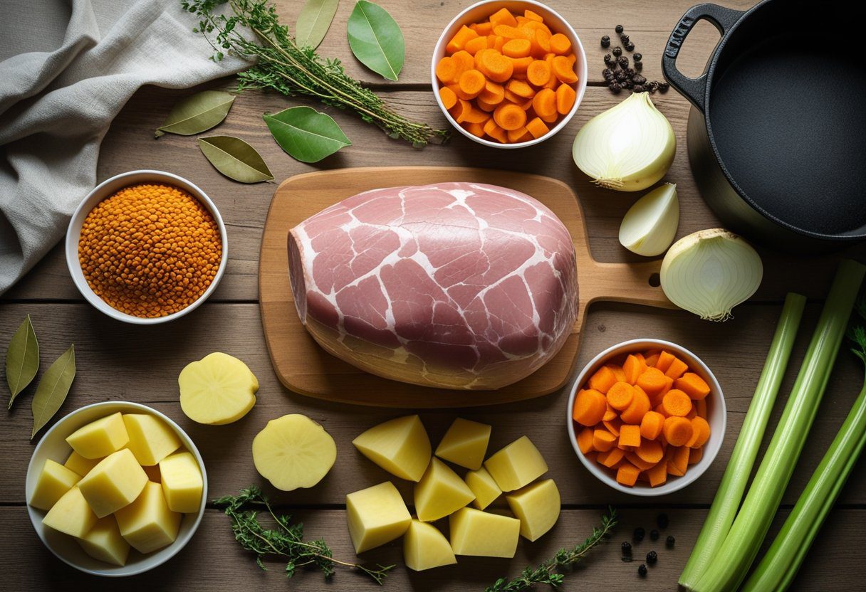 Flat lay of raw ham hough, red lentils, chopped carrots, onions, potatoes, neeps, herbs and spices arranged for traditional Scottish lentil soup preparation