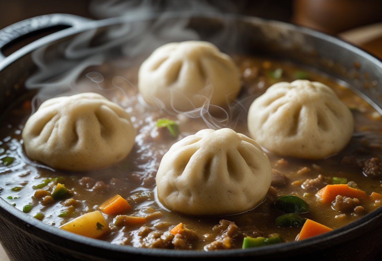 Fluffy suet dumplings cooking on top of thick minced beef and vegetable gravy for authentic Scottish mince and dumplings