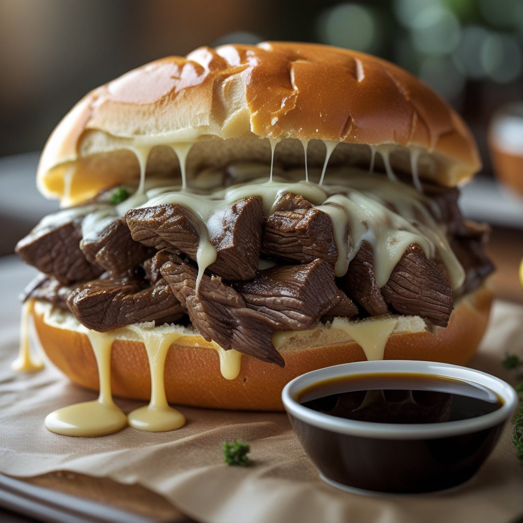 French dip sandwich with melted cheese and tender slow-cooked beef, served with au jus for dipping
