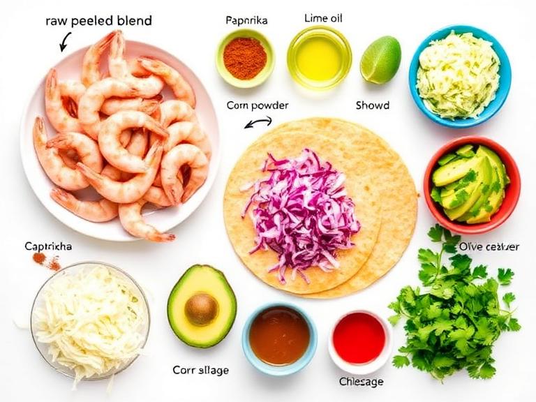 Fresh ingredients for Quick Cajun Prawn Tacos Air Fryer Juicy Recipe including prawns, Cajun seasoning, tortillas, avocado, cabbage,