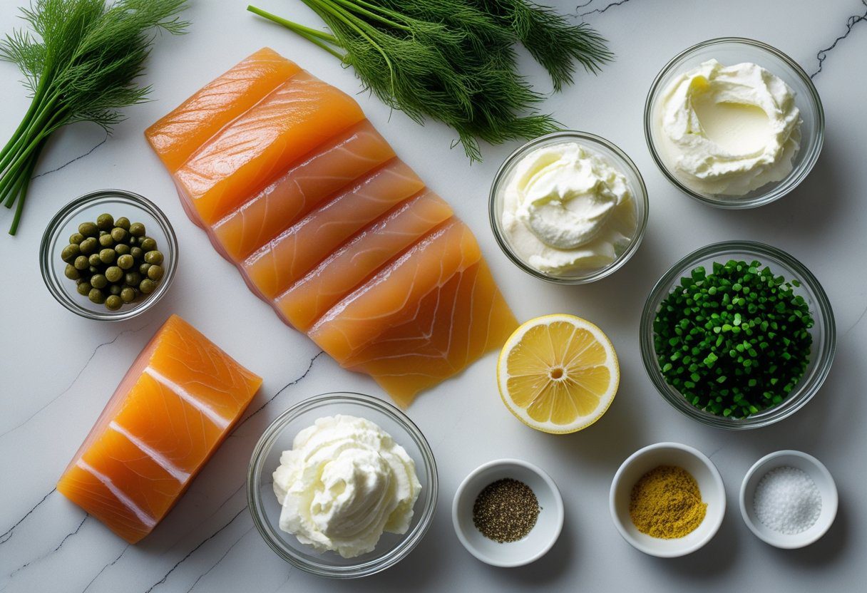 Fresh ingredients for best smoked trout pâté recipe including smoked trout fillets, cream cheese, crème fraîche, lemon, dill, chives, capers, and horseradish arranged on a marble countertop.”