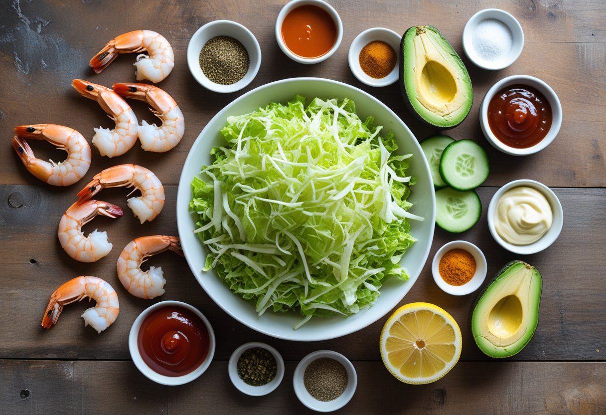 Fresh ingredients for easy prawn cocktail salad with Marie Rose sauce including prawns, lettuce, avocado, cucumber, mayonnaise, and lemon.