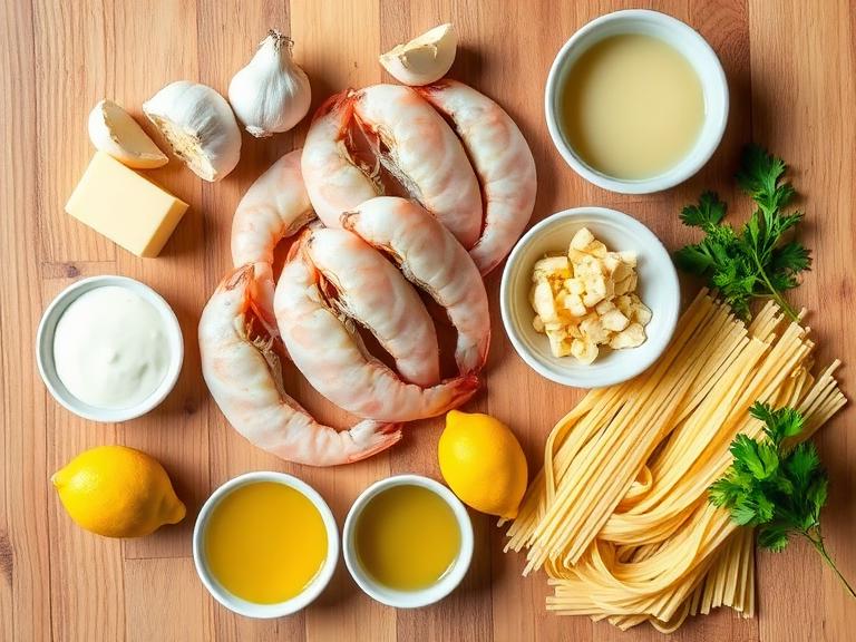 Fresh ingredients for one pan prawn Alfredo recipe including king prawns, garlic, butter, heavy cream, Parmesan, pasta, chicken broth, lemon, and parsley on a wooden counter.