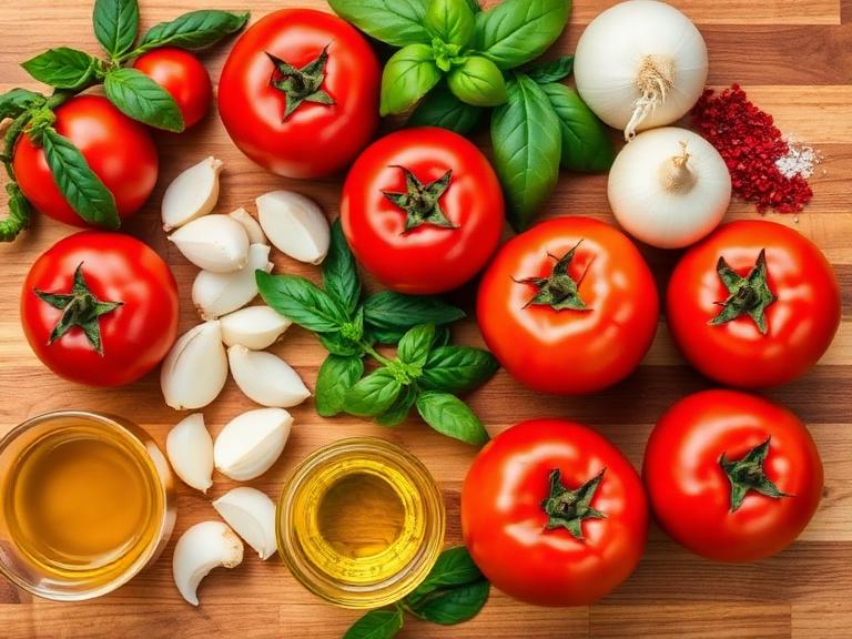 “Fresh ingredients for roasted tomato & basil soup including Roma tomatoes, basil leaves, garlic, onions, olive oil, and vegetable broth, ready for a simple homemade soup.”