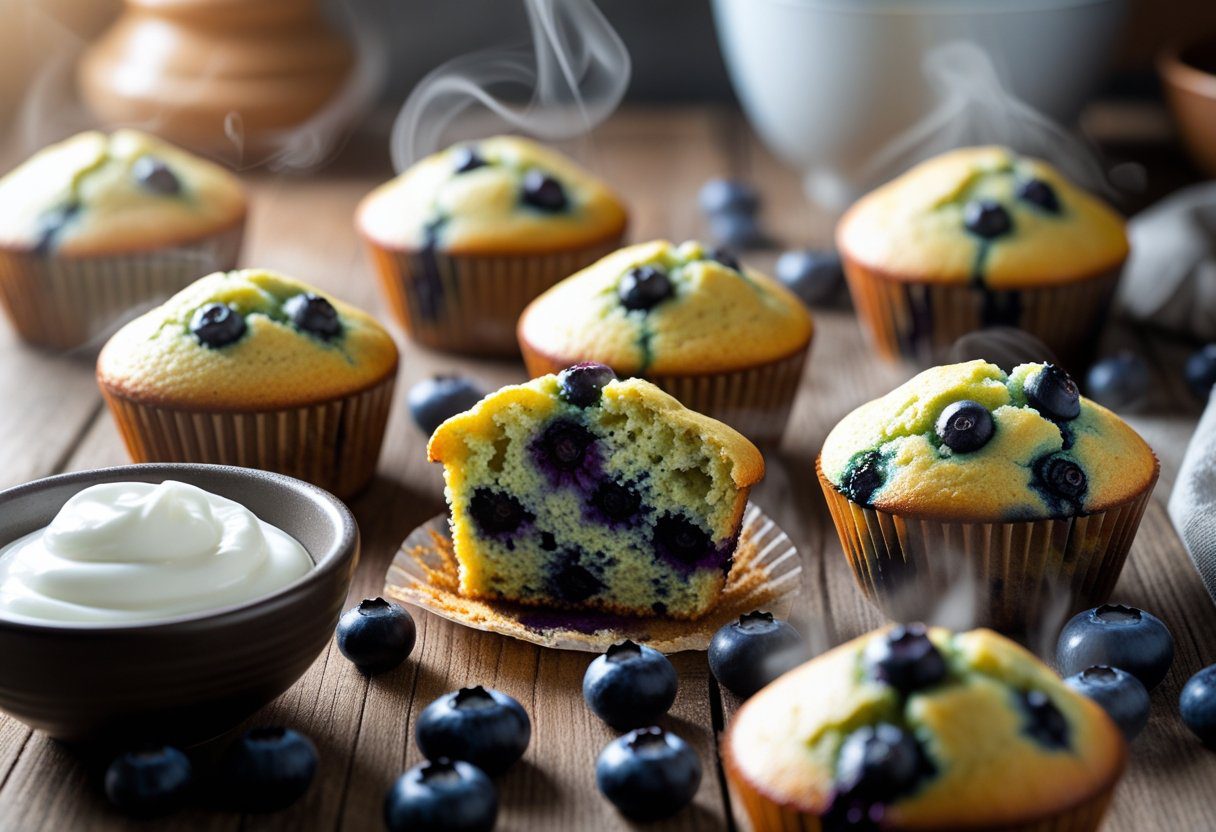 Fresh keto blueberry muffins with yogurt, soft and moist, bursting with blueberries, displayed on rustic table for low-carb breakfast or keto snack