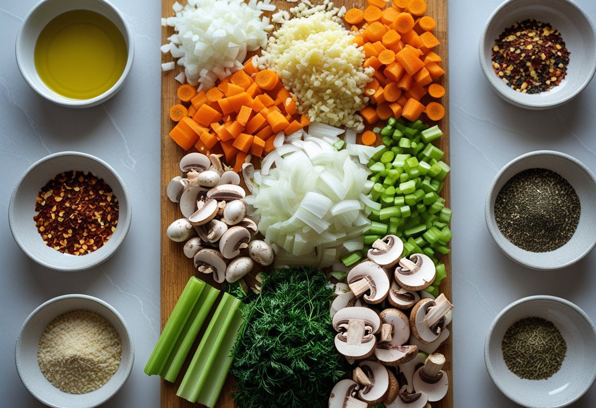 Fresh vegetables and sliced mushrooms prepared for healthy mushroom soup without cream, including onions, garlic, carrots, and celery, ingredients for easy recipe
