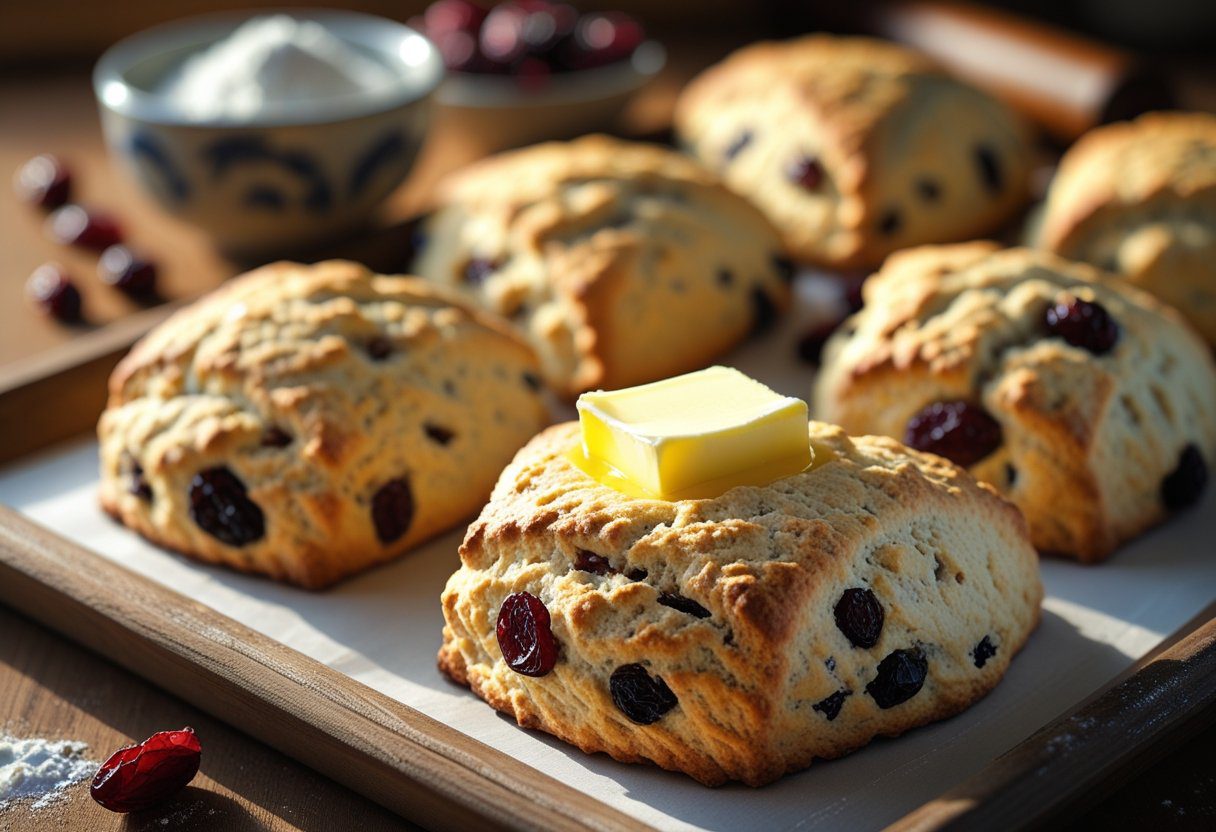 Golden fluffy fruit scones stacked on a rustic wooden board with melting butter and jam,