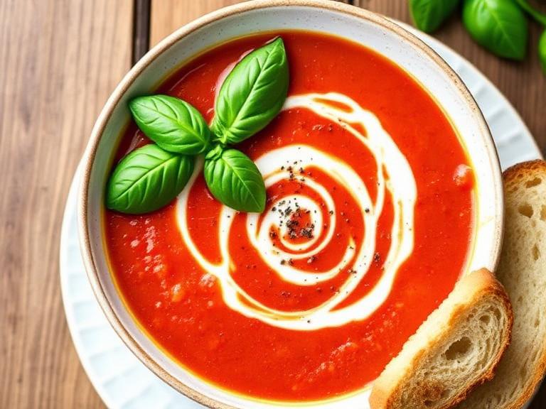 Garnished roasted tomato & basil soup with cream swirl, fresh basil, and cracked pepper, served with crusty bread, depicting a delicious homemade soup recipe