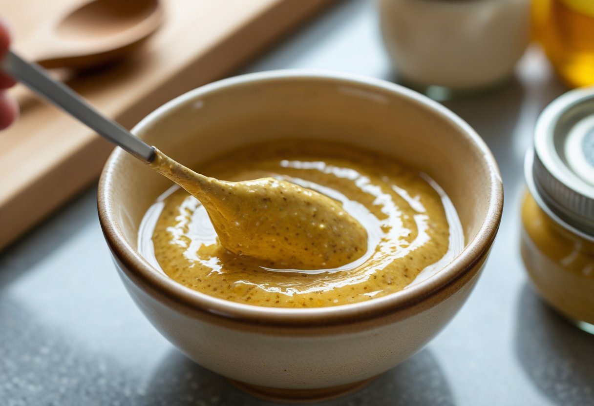 Glossy honey and wholegrain mustard glaze being whisked in a bowl, ready to coat cocktail sausages, sweet and tangy party appetizer preparation.