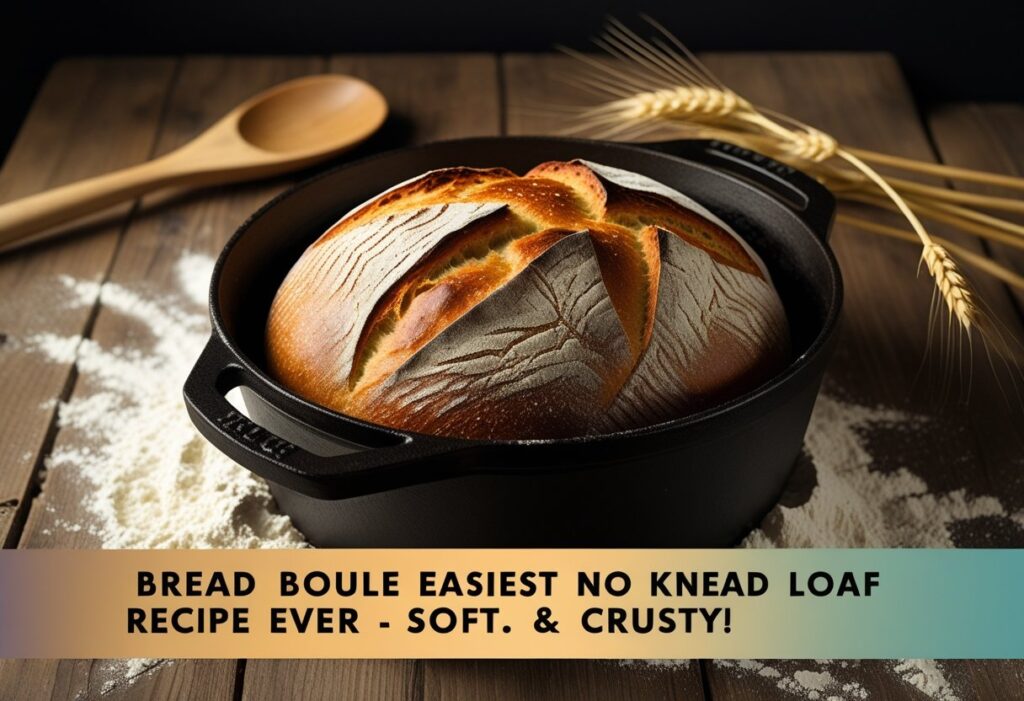 Golden-brown Bread Boule no knead loaf in a rustic Dutch oven, soft airy crumb and crusty top, styled with flour and wheat stalks, perfect homemade artisan bread.