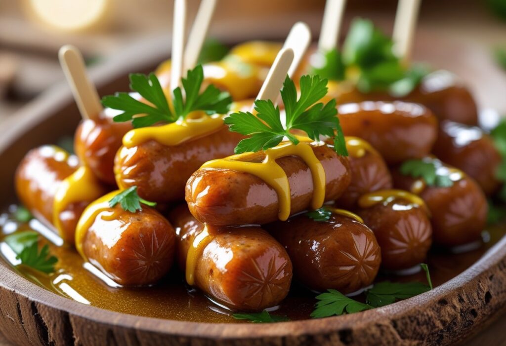 Golden-brown honey and mustard cocktail sausages glazed with sticky sweet honey, garnished with fresh parsley and cocktail sticks on a rustic wooden platter, perfect party appetizer.