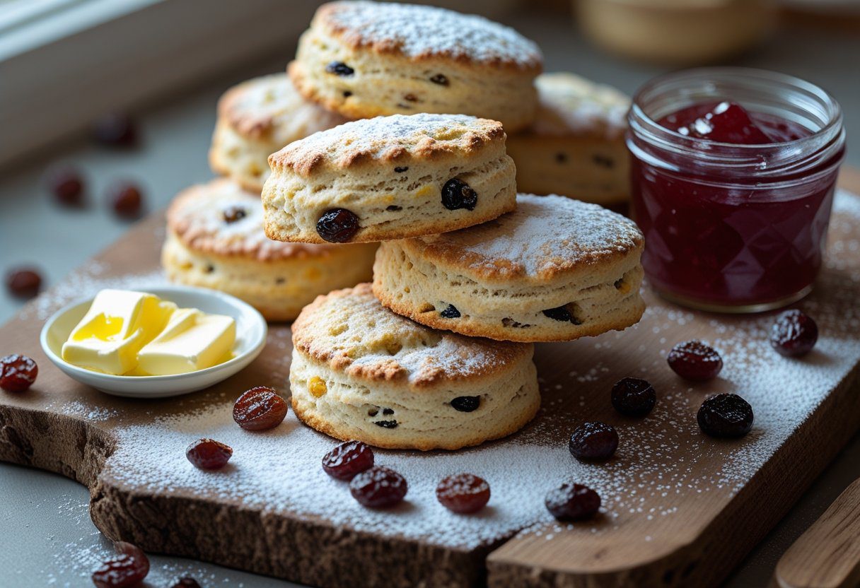 Golden fluffy fruit scones stacked on a rustic wooden board with melting butter and jam