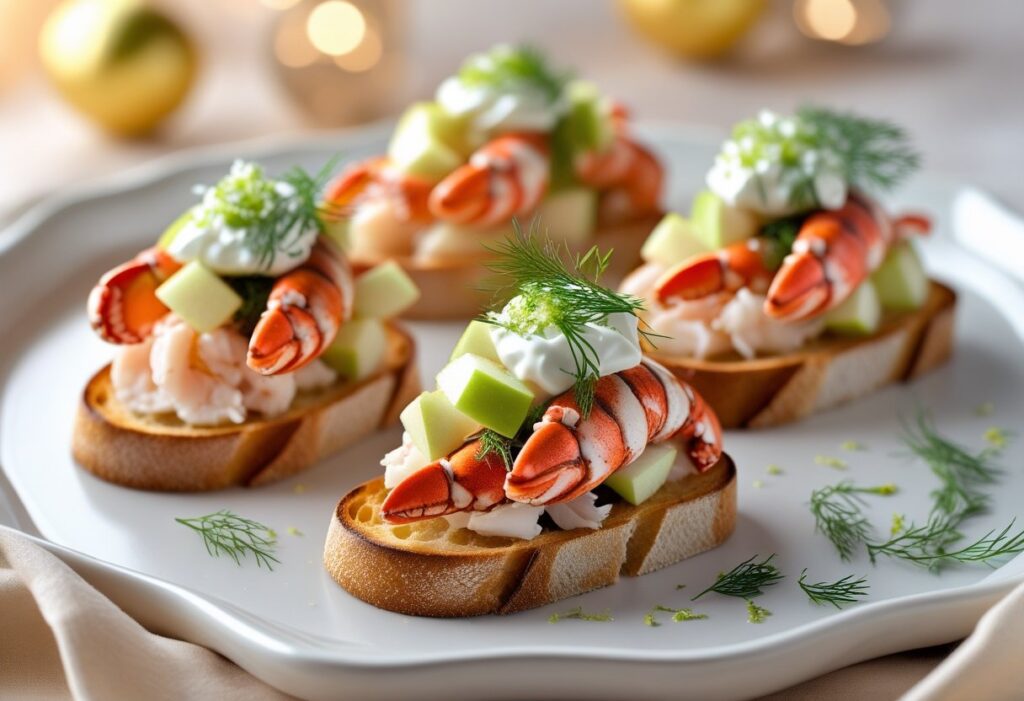 Gourmet Lobster Canapé with Apple and Crème Fraîche on toasted ciabatta, garnished with fresh dill and lime zest, served elegantly for a party appetizer
