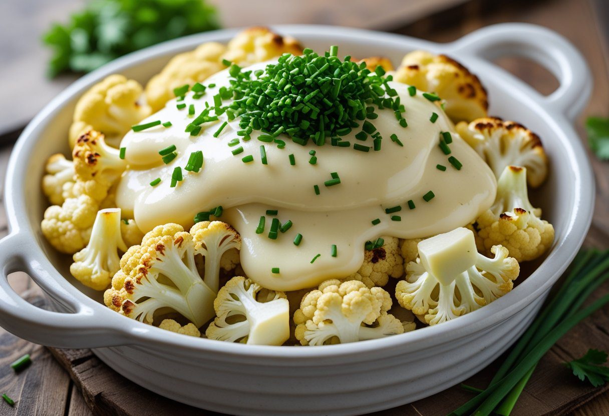 Healthy cauliflower cheese bake with roasted florets, light cheese sauce, and fresh herbs, perfect for a low-calorie or vegetarian cauliflower cheese recipe