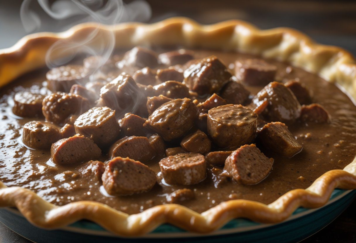 Hearty steak and sausage pie filling placed into a pie dish before baking, showing rich Scottish meat gravy