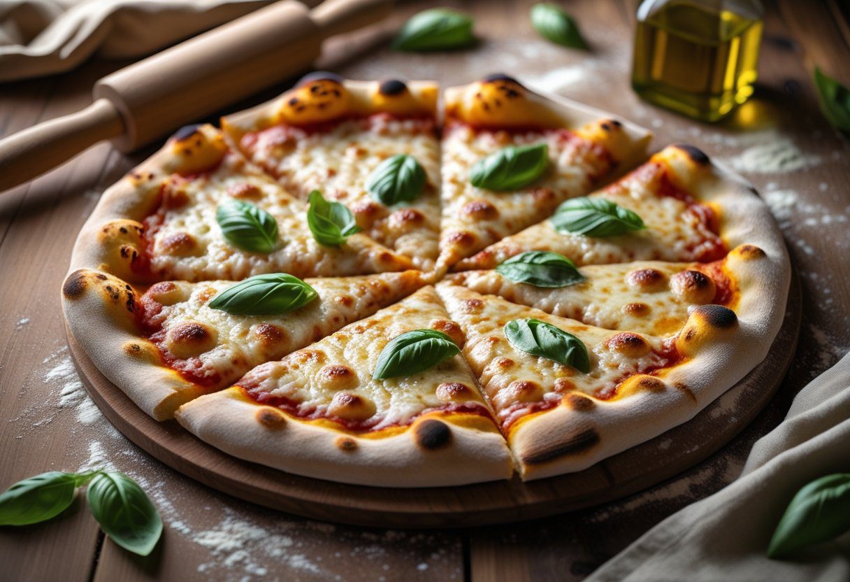 Homemade pizza dough perfect crust with instant yeast showing golden crispy edges, airy bubbles, and soft chewy interior on a rustic wooden table.
