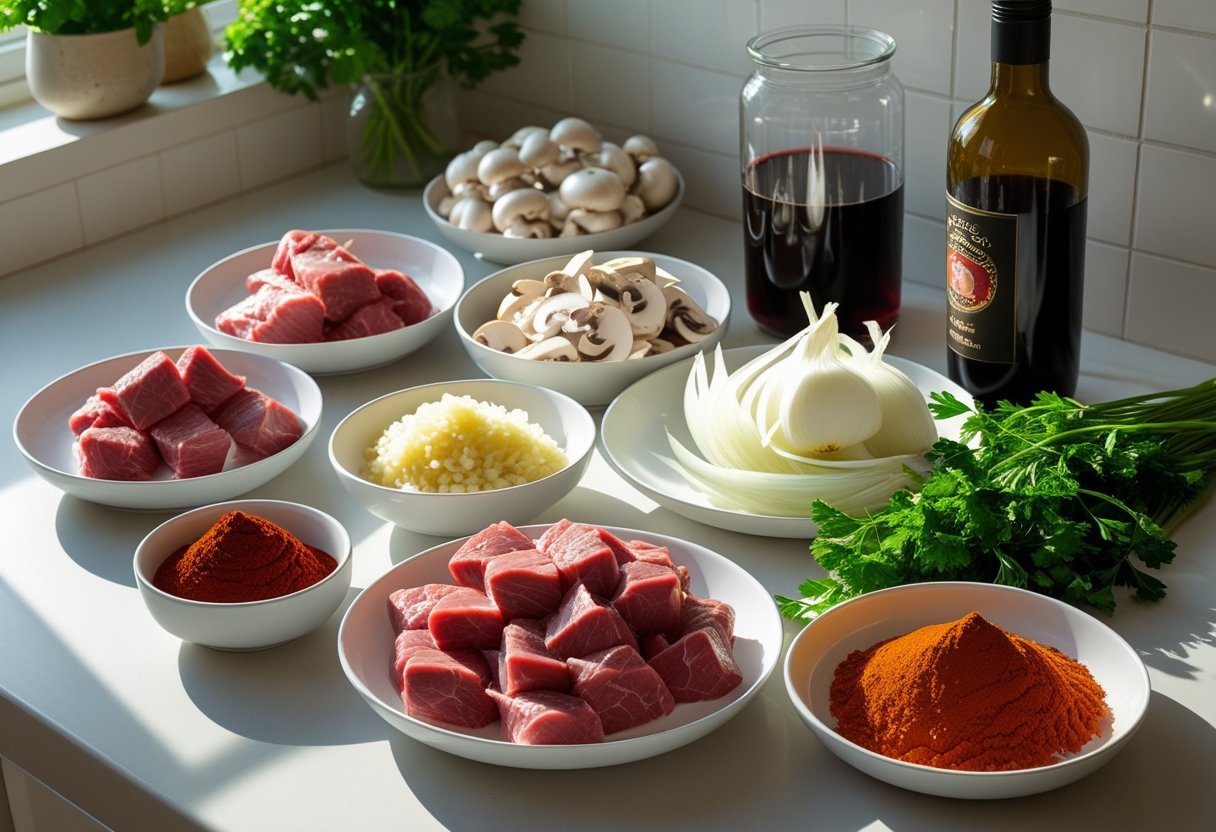 Ingredients for Easy Beef & Mushroom Stroganoff Slow Cooker recipe laid out on a countertop, including cubed beef, sliced mushrooms, onions, garlic, beef stock, red wine, and paprika