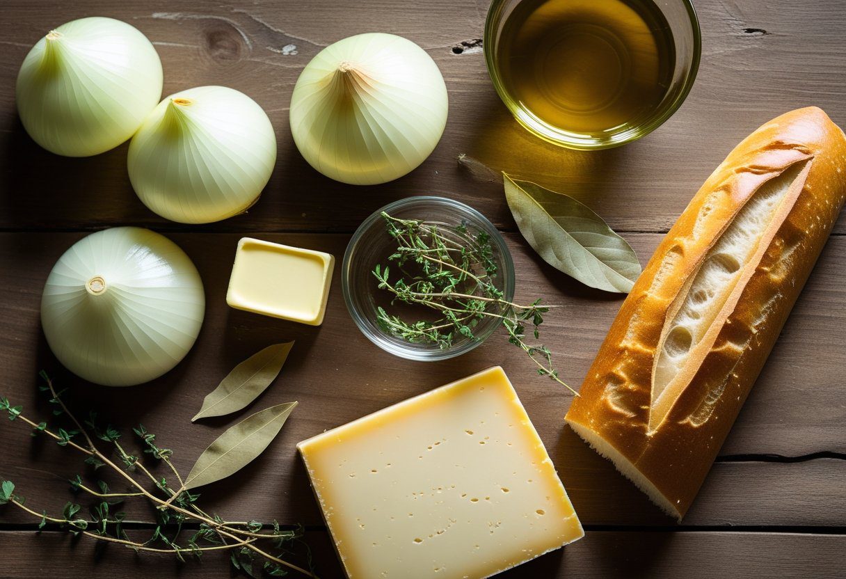 “Ingredients for Easy French Onion Soup Foolproof Recipe in Minutes – yellow onions, butter, olive oil, white wine, broth, thyme, bay leaf, Gruyère cheese, baguette