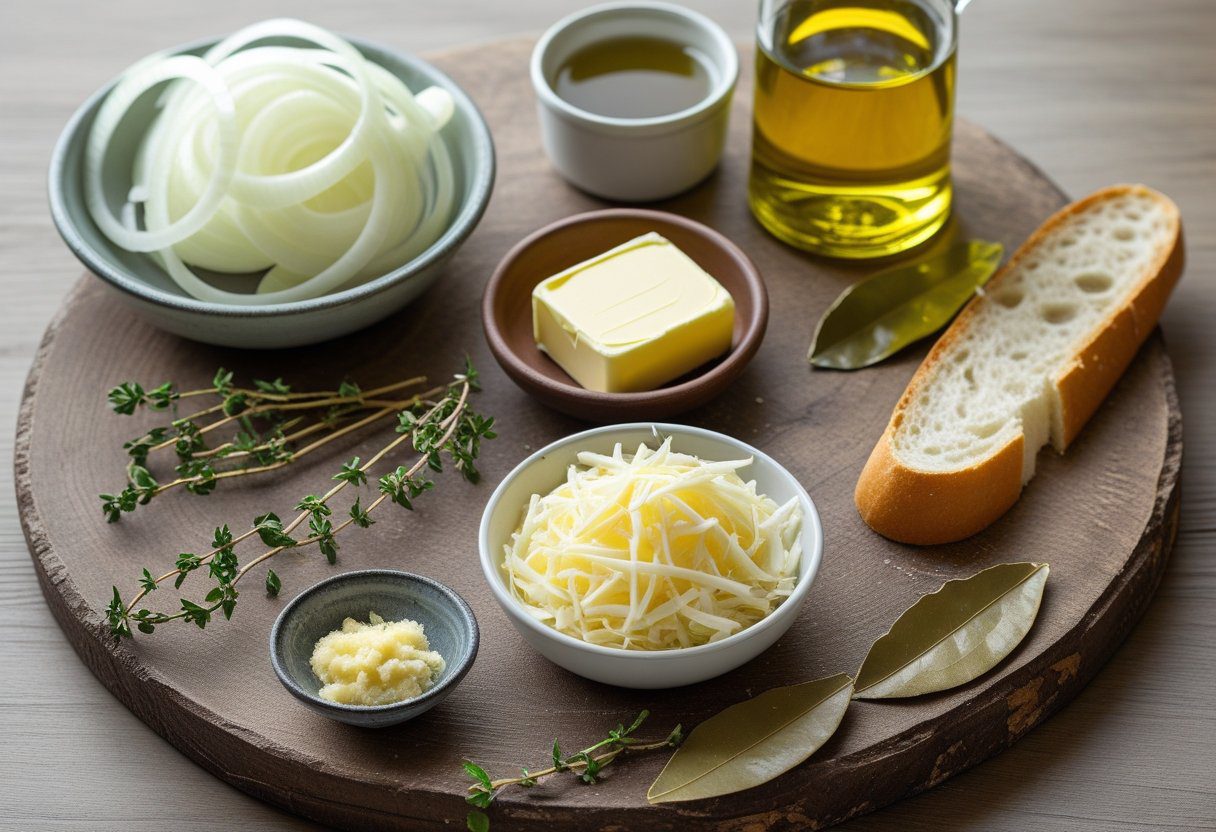 Ingredients for Easy French Onion Soup including yellow onions, butter, olive oil, white wine, beef stock, thyme, bay leaves, baguette, and shredded Gruyère cheese.