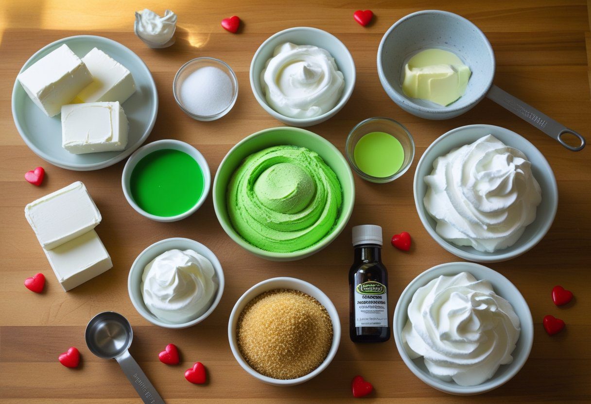 Ingredients for Quick Easy Grinch Mini Cheesecakes including cream cheese, sugar, sour cream, green food coloring, graham cracker crumbs, whipped cream, and red heart candies