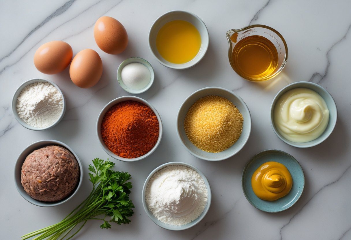 “Ingredients for Quick Haggis Bon Bons Recipe Whisky Sauce Magic – haggis, panko breadcrumbs, eggs, flour, Scotch whisky, cream, mustard, honey, and parsley laid out for easy recipe preparation