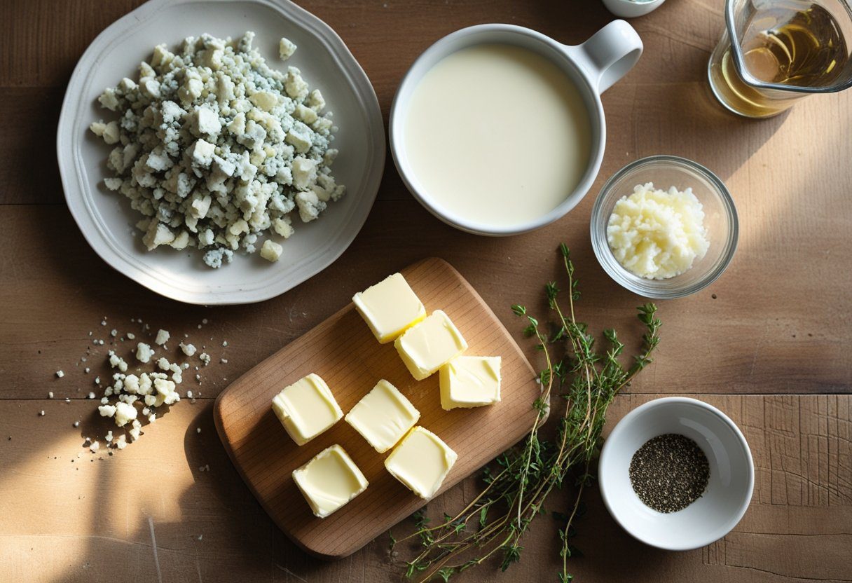 Ingredients for blue cheese sauce for steak including crumbled cheese, cream, butter, garlic, and herbs, 10-minute easy gourmet recipe