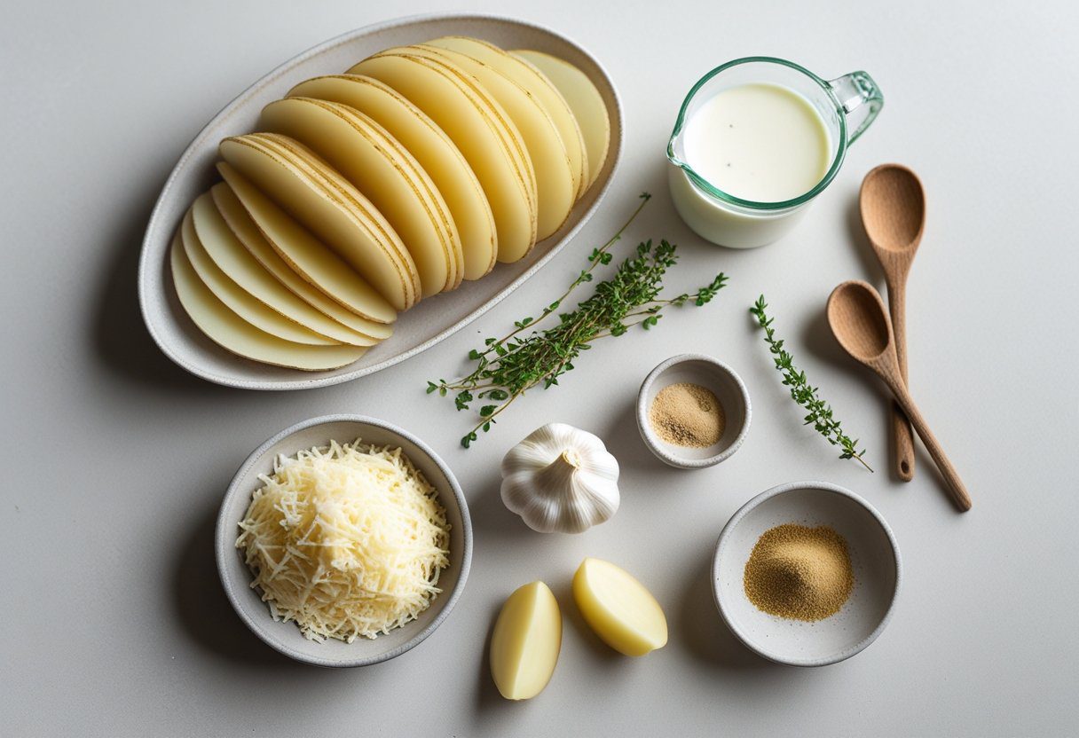 Ingredients for dauphinoise potatoes with cheese thinly sliced potatoes, Gruyère, cream, garlic, fresh thyme and nutmeg, ready for preparation of cheesy potato gratin