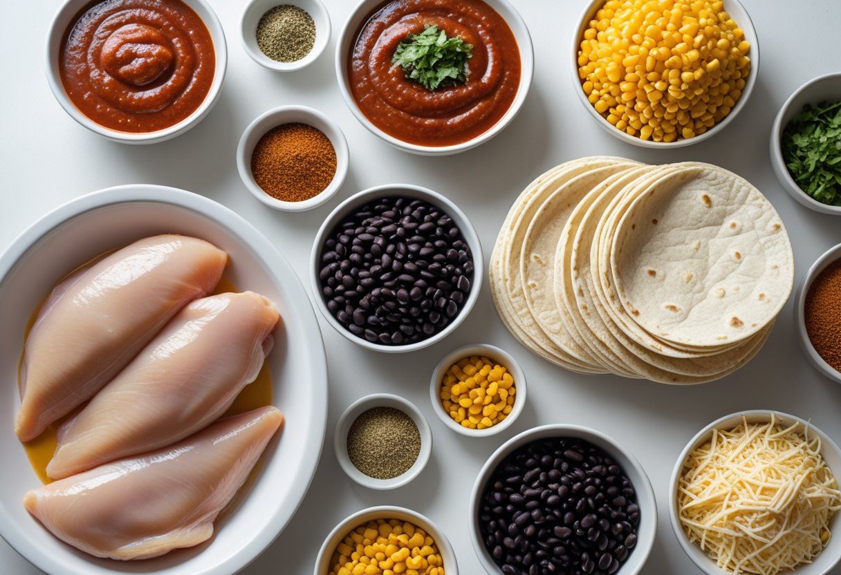 Ingredients for easy crockpot chicken enchilada casserole including chicken breasts, enchilada sauce, corn tortillas, black beans, corn, cheese, and spices for a slow cooker dinner