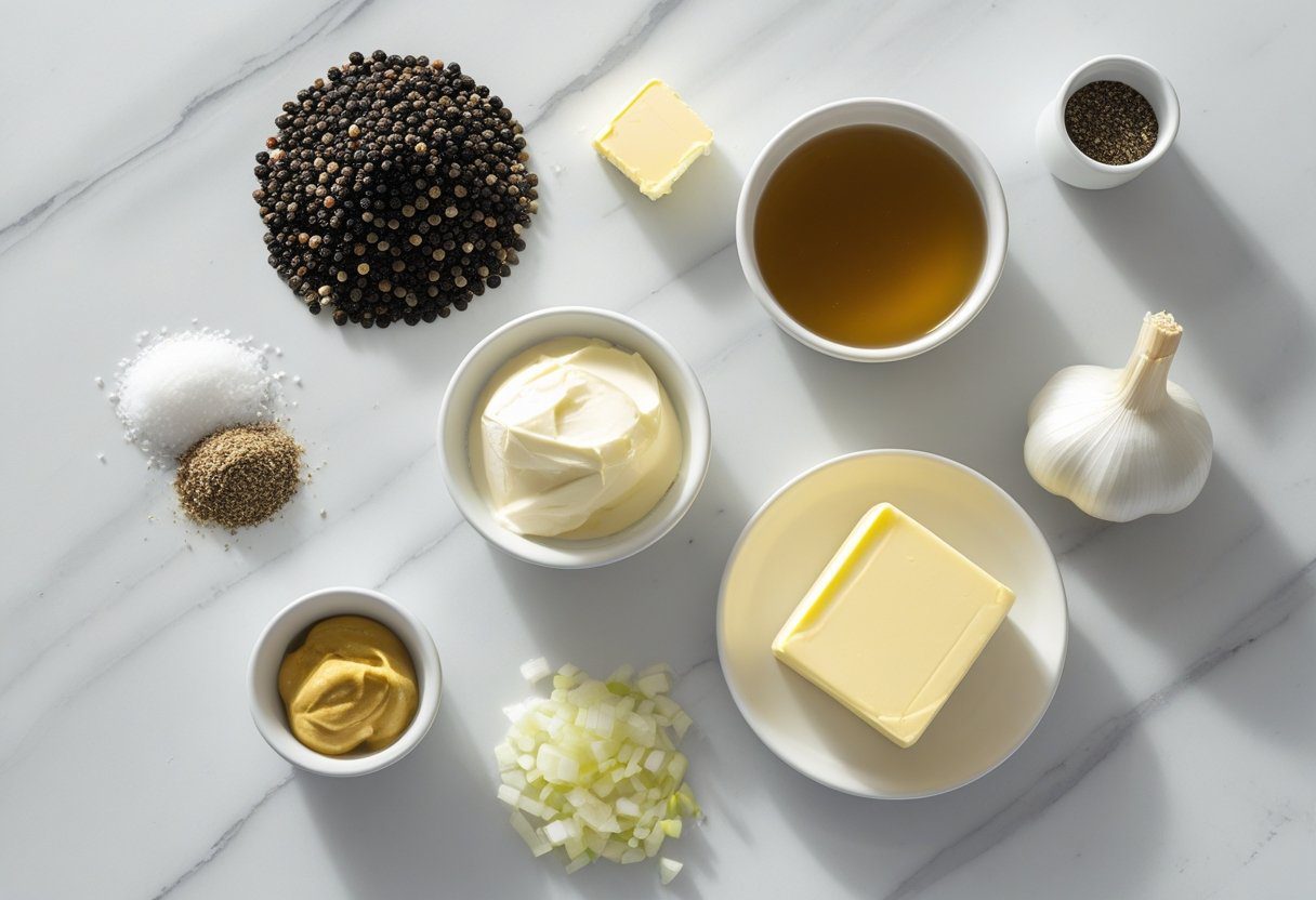 Ingredients for easy peppercorn sauce for steak including heavy cream, cracked black peppercorns, butter, beef stock, Dijon mustard, and shallots arranged flat lay