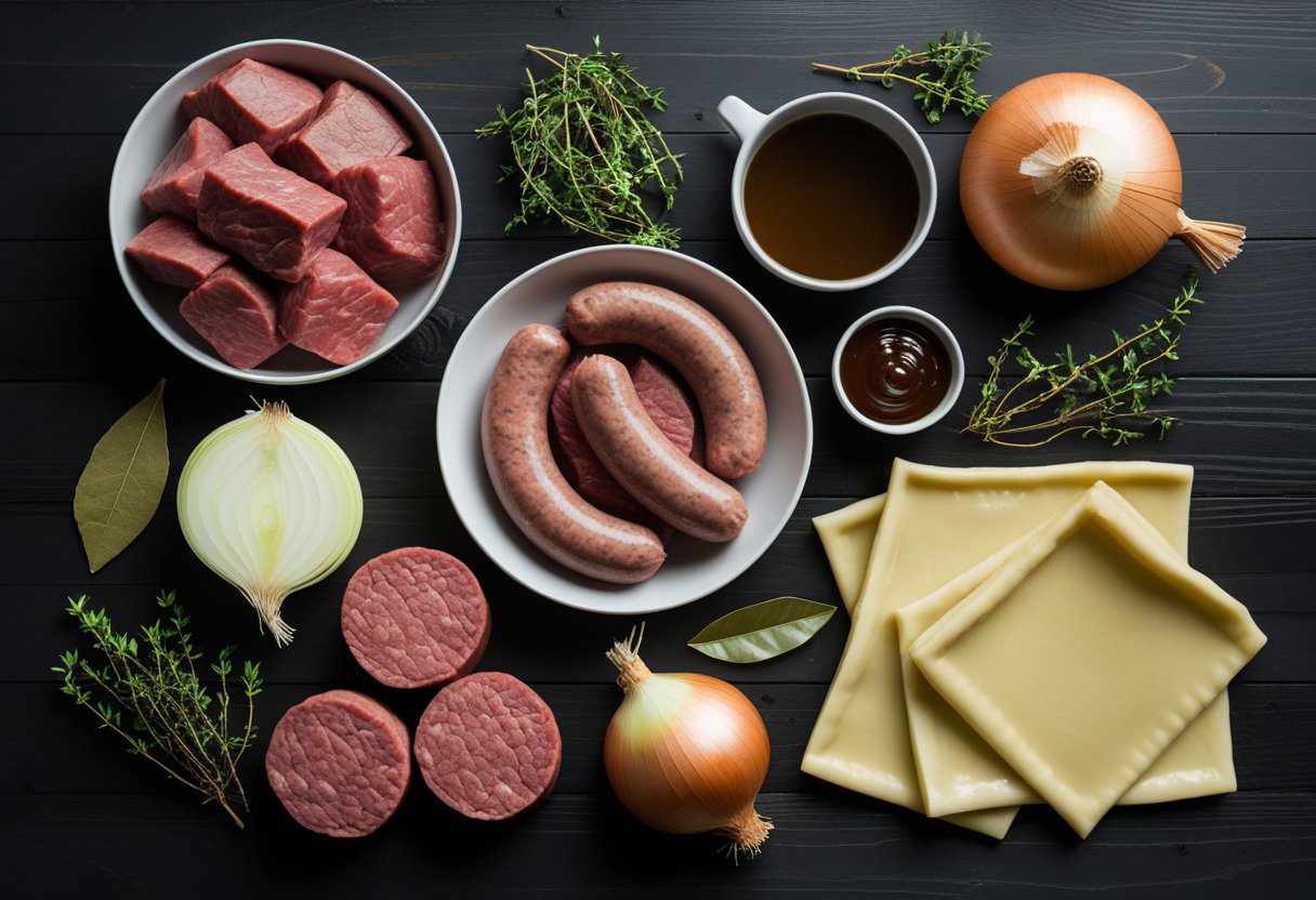 Ingredients for steak and sausage pie Scottish recipe including braising beef, pork sausages, onions, herbs, and puff pastry laid out on wooden surface