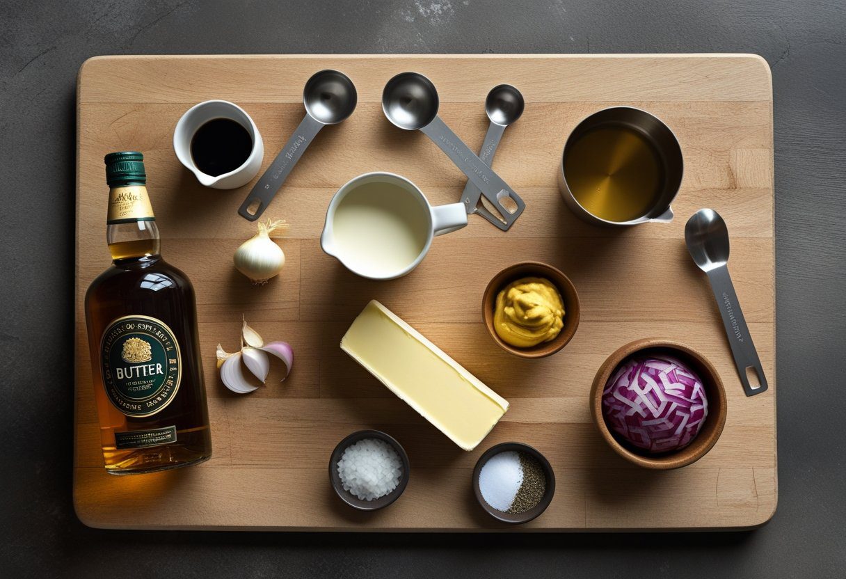 Ingredients for whisky sauce for haggis including Scotch whisky, double cream, butter, mustard, stock, and shallots arranged on wooden board, ready for quick 10-minute recipe.
