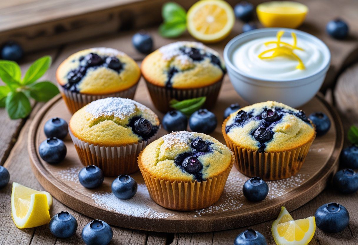 Keto blueberry muffins with yogurt on a serving tray, garnished with fresh blueberries and light sweetener, ideal low-carb breakfast or keto snack
