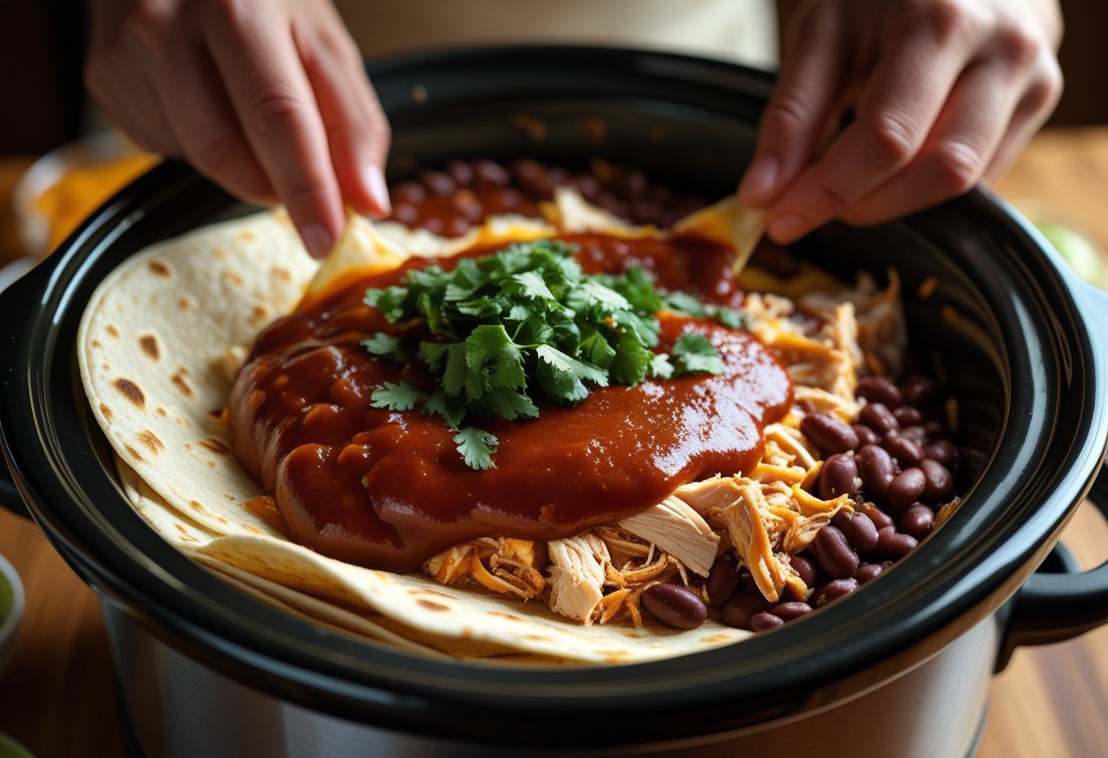Layering chicken, corn tortillas, enchilada sauce, beans, and cheese in a crockpot to make a slow cooker chicken enchilada casserole
