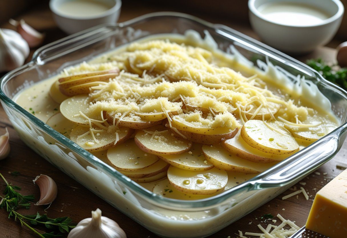 “Layering thinly sliced potatoes with cream and Gruyère cheese for dauphinoise potatoes, showing preparation of creamy cheesy French potato gratin