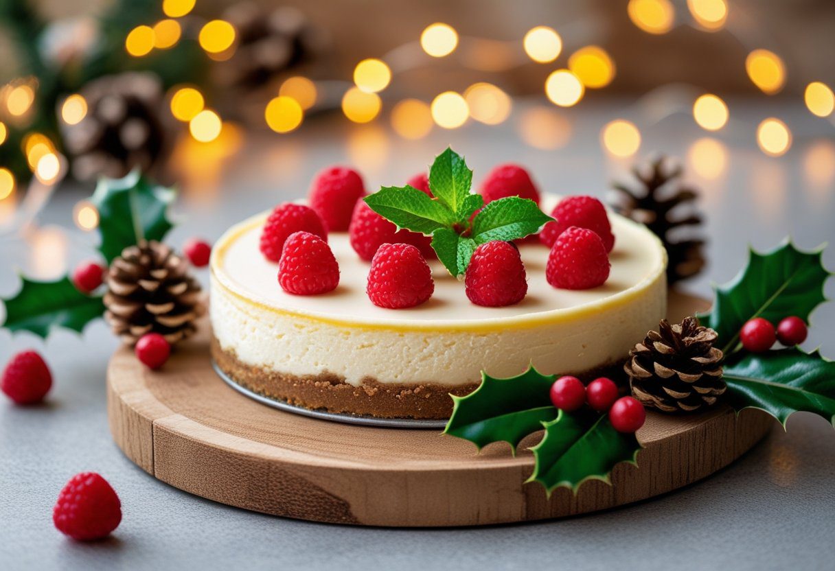 Low carb Christmas cheesecake topped with fresh raspberries and mint on wooden board, festive lights and holly décor — sugar‑free holiday dessert for diabetics.
