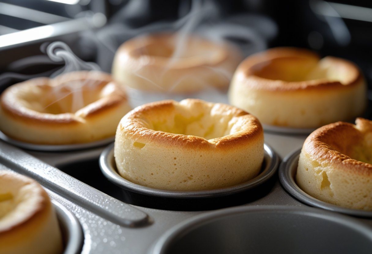 Mini gluten-free Yorkshire puddings baking in a hot oven in a metal muffin tin, rising perfectly with golden crispy tops, coeliac safe and easy to make