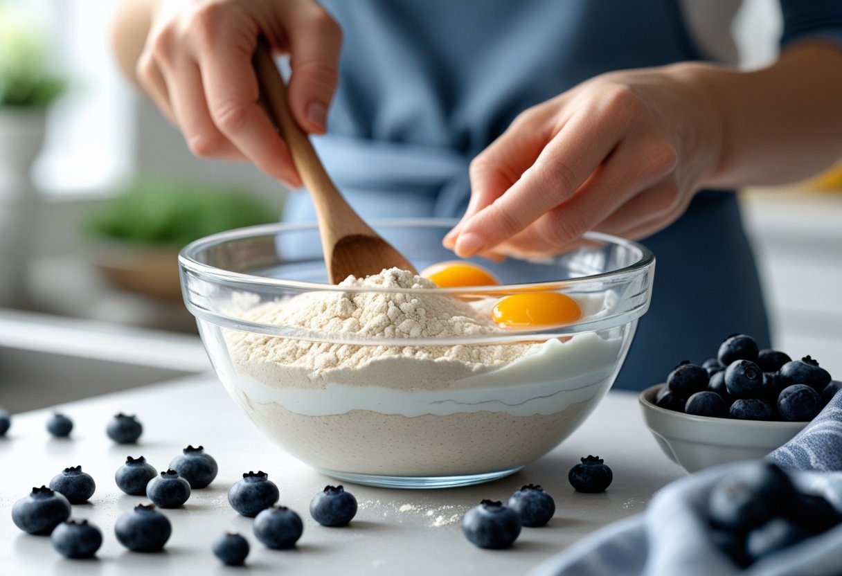 Mixing almond flour, Greek yogurt, eggs, and sweetener for keto blueberry muffins, with fresh blueberries nearby for low-carb breakfast recipe