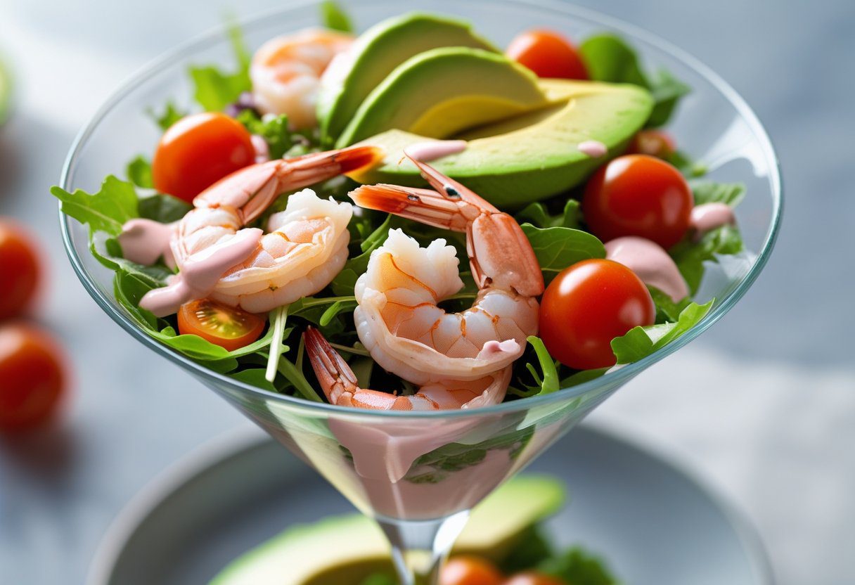 Modern prawn cocktail salad with Marie Rose sauce, cherry tomatoes, mixed greens, and avocado in a glass, showcasing fresh and colorful ingredients