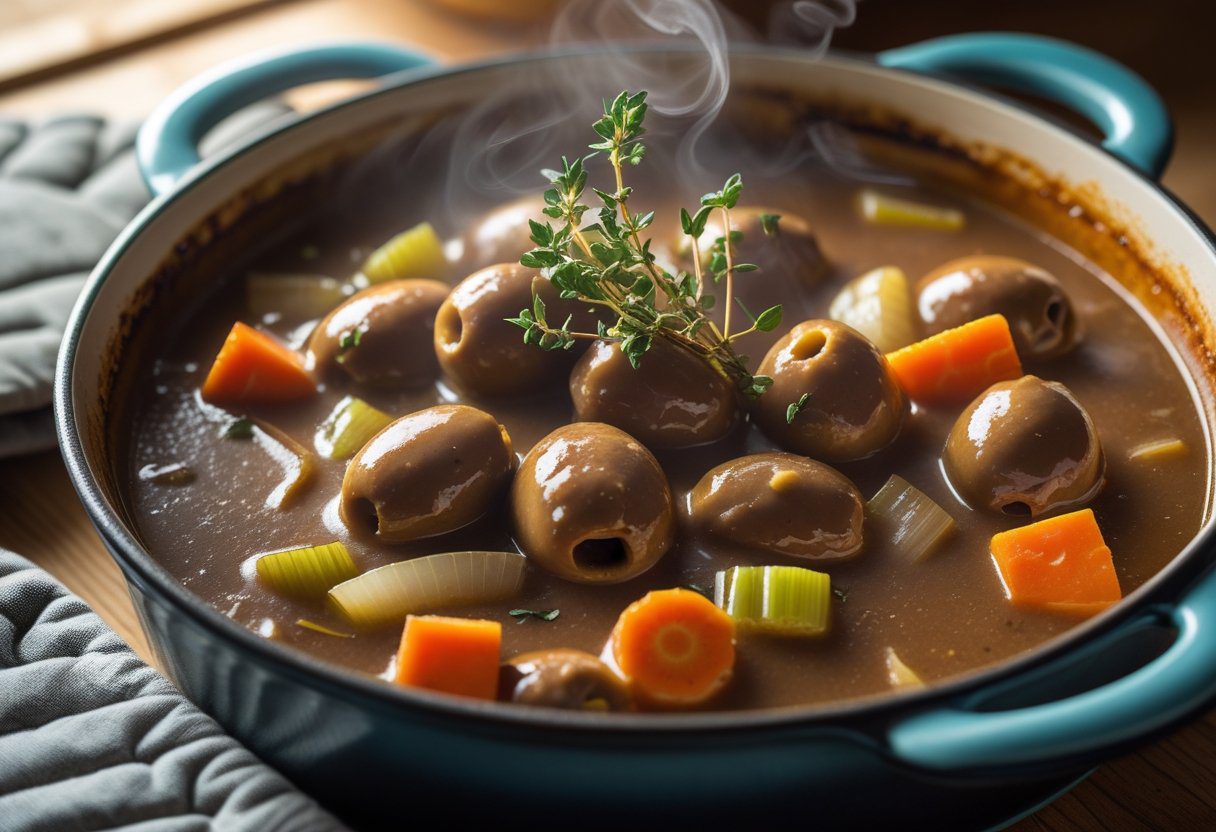 Oven-baked Beef Olives casserole with carrots, onions, and rich gravy, showcasing a hearty and comforting Scottish classic quick and tasty recipe.