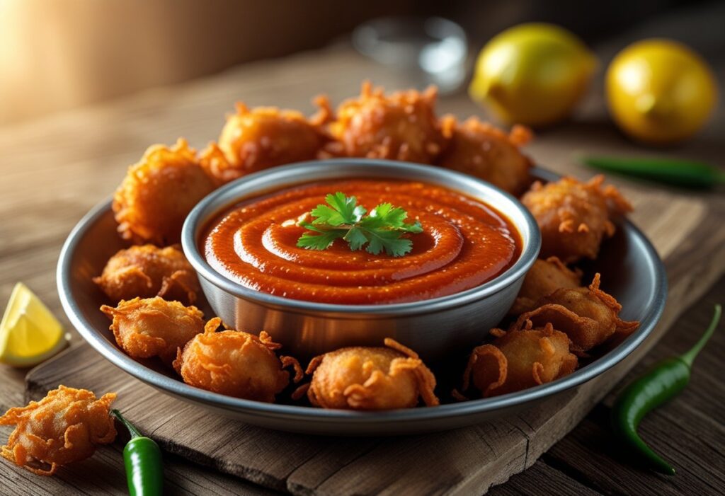 Pakora sauce red chilli sauce ultimate crispy snack dip served with golden onion pakoras on a wooden table