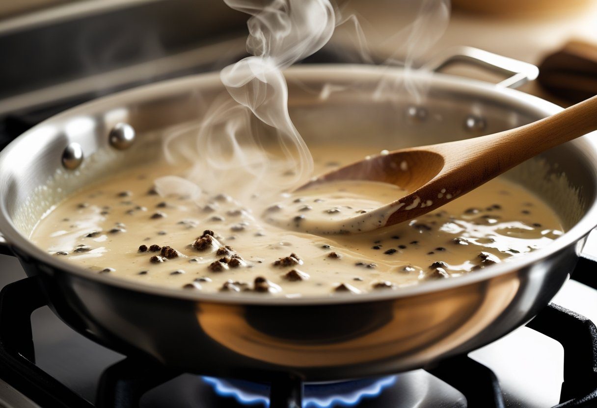 Peppercorn sauce simmering in a skillet with cream, beef stock, and crushed peppercorns, showing quick pan sauce method for steak in under five minutes