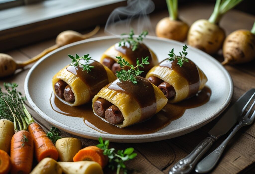 stuffed Beef Olives with juicy sausage and breadcrumb filling, smothered in rich brown gravy, representing a traditional Scottish classic quick and tasty recipe.