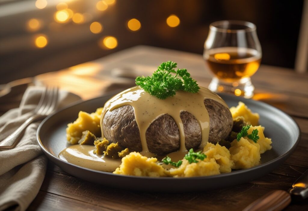 Plated Scottish haggis with creamy whisky sauce, served with mashed neeps and tatties, garnished with parsley, showcasing traditional Scottish cuisine and Burns Night dish.