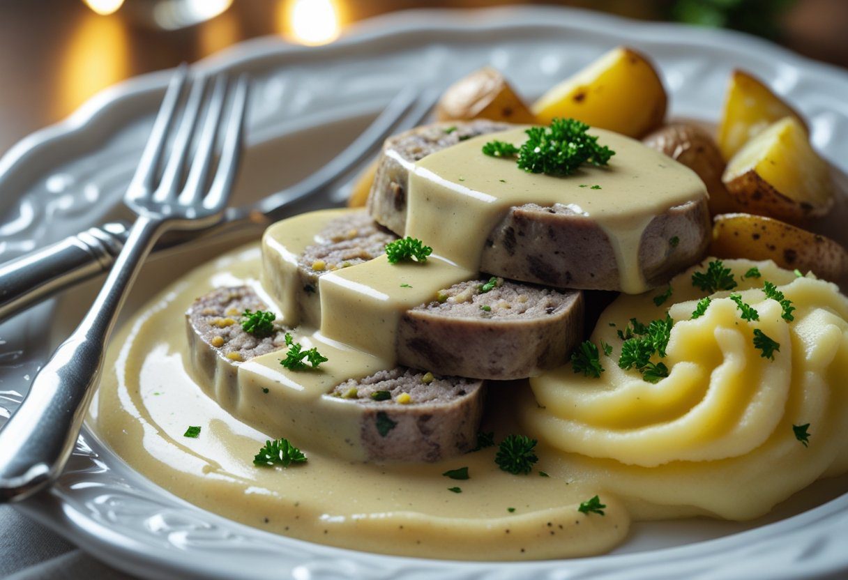 Plated haggis with 10-minute whisky sauce, served with mashed neeps and roasted potatoes, garnished with parsley, ready for Burns Night or Scottish dinner