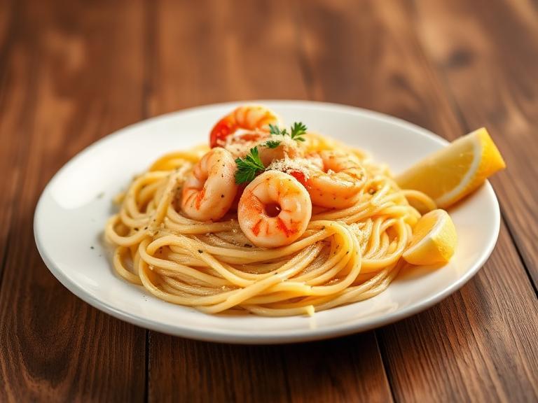 Plated one pan prawn Alfredo with creamy fettuccine, tender pink prawns, Parmesan, and parsley, ready for serving at home with restaurant-style presentation.