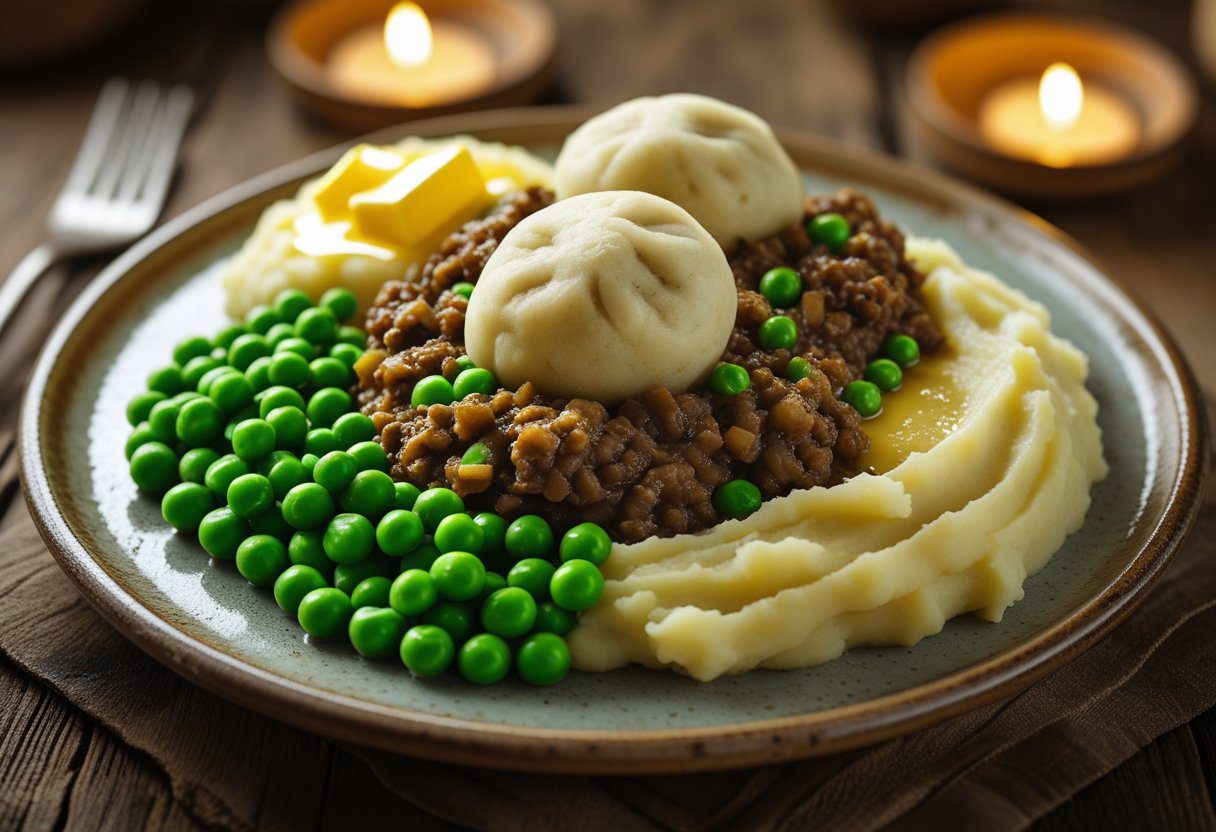 Plated traditional Scottish mince and dumplings with fluffy suet dumplings, rich beef gravy, mashed potatoes and buttery peas