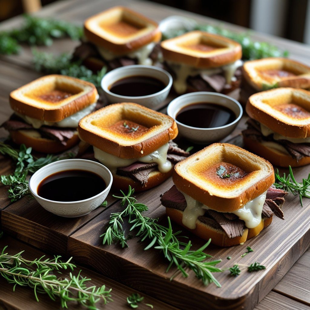 “Platter of easy crockpot French dip sandwiches with juicy beef, melted cheese, and bowls of au jus, perfect comfort food meal,
