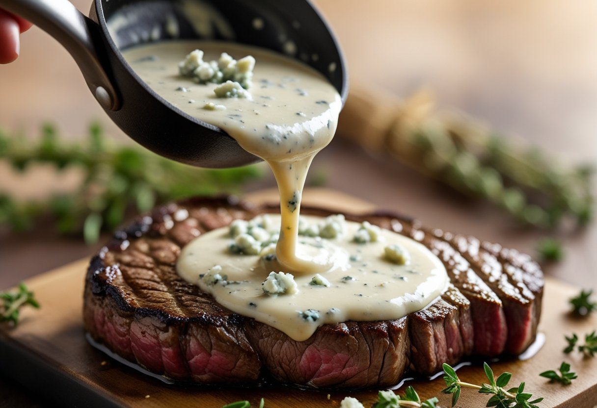 Pouring creamy blue cheese sauce for steak over medium-rare sirloin, 10-minute gourmet sauce, savory steak dinner
